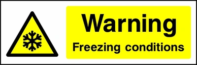 Warning — Freezing conditions sign showing yellow snowflake warning pictogram beside wording. Artwork GENE0039.