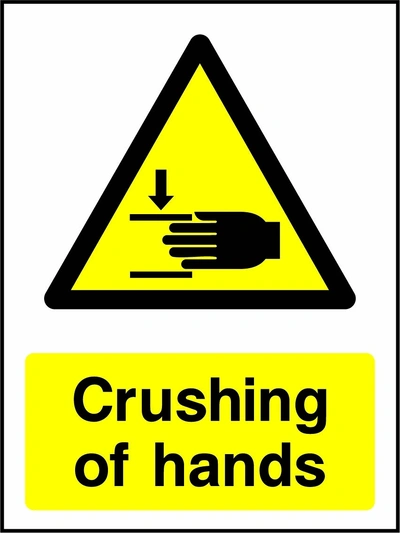 Crushing of hands sign showing yellow hand crushing warning triangle above wording. Artwork MACH0026.