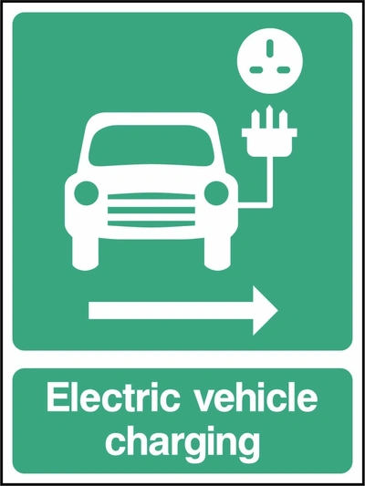 Electric vehicle charging — Right arrow sign. green-and-white electric vehicle parking pictogram and wording. Supplied artwork PARK0085.