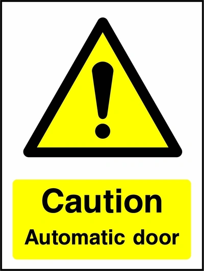 Caution — Automatic door sign showing yellow exclamation warning pictogram above wording. Artwork GENE0057.