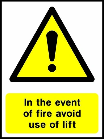 In the event of fire avoid use of lift sign showing yellow exclamation warning triangle above wording. Artwork LIFT0013.