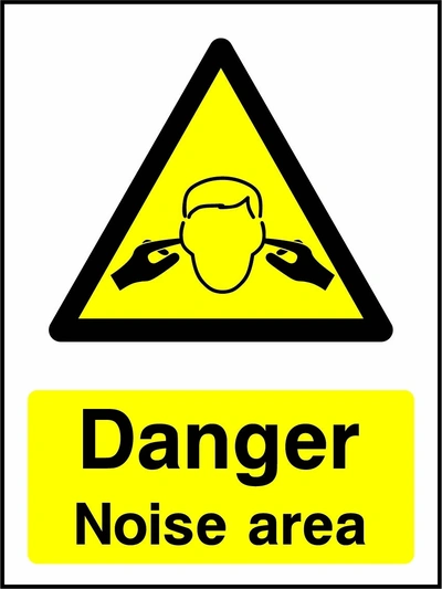 Danger — Noise area sign showing yellow noise area warning triangle above wording. Artwork MACH0022.