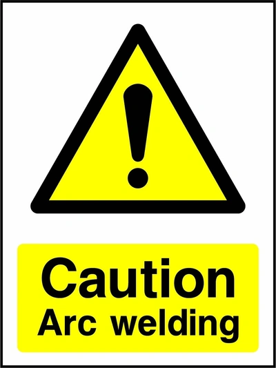 Caution — Arc welding sign showing yellow exclamation warning triangle above wording. Artwork MACH0031.