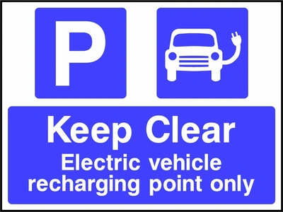 Keep Clear — Electric vehicle recharging point only sign. blue electric vehicle pictograms and wording. Supplied artwork PARK0073.