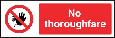 No thoroughfare sign showing red raised-hand prohibition symbol beside wording. Artwork ACCE0018.