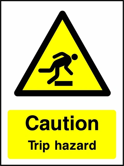 Caution — Trip hazard sign showing yellow trip hazard warning pictogram above wording. Artwork GENE0065.