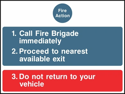 Fire Action — Call Fire Brigade immediately — Proceed to nearest available exit — Do not return to your vehicle sign. blue-and-red fire action panels on a white background. Supplied artwork PARK0014.
