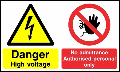 Danger — High voltage — No admittance authorised personnel only. Side-by-side panels. Artwork MULT0049.