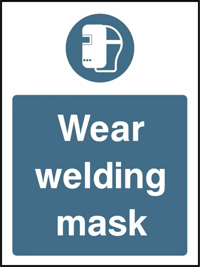 Wear welding mask sign showing blue welding mask pictogram above wording. Artwork PPE0042.