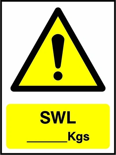 SWL — Kgs sign showing yellow warning triangle above blank kilogram load panel. Artwork LIFT0007.