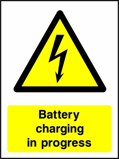 Battery charging in progress sign showing yellow electrical lightning bolt warning triangle above wording. Artwork ELEC0063.