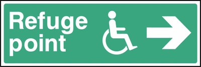 Refuge point sign showing right arrow and wheelchair symbol. Artwork EMER0072.