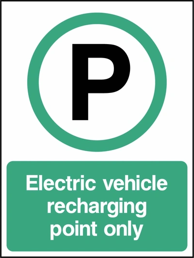 Electric vehicle recharging point only sign. green-and-white electric vehicle parking pictogram and wording. Supplied artwork PARK0091.