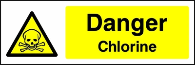 Danger — Chlorine sign with yellow triangular skull and crossbones pictogram beside wording. Artwork CHEM0013.