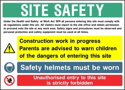 Collated site safety board with construction work warning for parents, mandatory safety helmets and unauthorised entry prohibition. CONS0018 artwork.