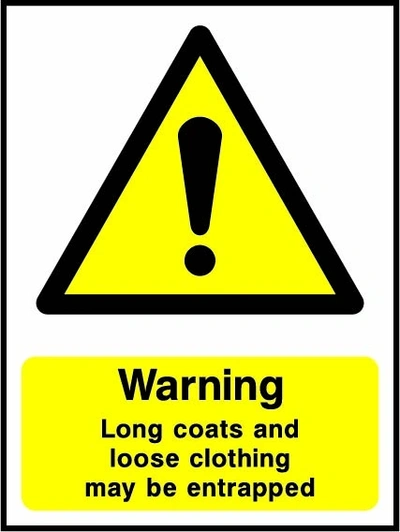 Warning — Long coats and loose clothing may be entrapped sign showing yellow exclamation warning triangle above wording. Artwork LIFT0014.