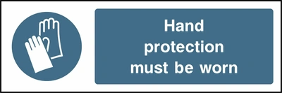 Hand protection must be worn sign showing blue protective gloves pictogram beside wording. Artwork PPE0002.
