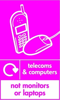 Telecoms & computers — Not monitors or laptops sign showing white phone and mouse pictogram with exclusion footer and small recycling arrow beside wording on magenta background. Artwork ELEC0113.