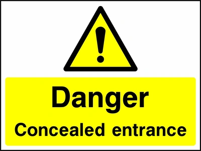 A black exclamation mark inside a yellow warning triangle above black wording on a yellow panel with Danger — Concealed entrance wording. CONS0102 artwork.