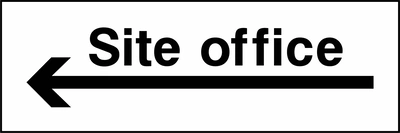Black and white letterbox sign with Site office wording and a large arrow pointing left. CONS0062 artwork.