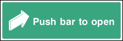 Green and white Push bar to open sign showing a push arrow. Artwork EMER0039.