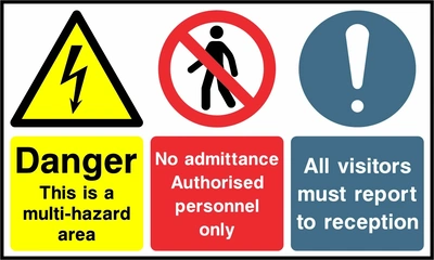 Danger — This is a multi-hazard area — No admittance — All visitors must report to reception. Side-by-side panels. Artwork MULT0047.