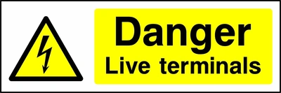 Danger — Live terminals sign showing yellow electrical lightning bolt warning triangle beside wording. Artwork ELEC0015.