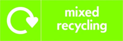 Mixed recycling recycling sign showing white recycling arrow and wording on a lime green letterbox panel. Artwork MIXE0001.