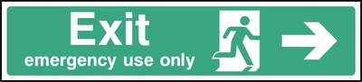 Green and white Exit — emergency use only sign showing right-pointing arrow. Artwork EMER0032.
