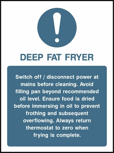 Deep fat fryer — Cleaning and hot oil safety. Food processing sign artwork FOOD0024.