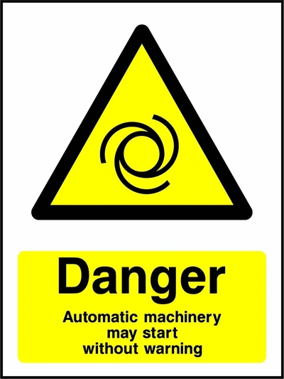 Danger — Automatic machinery may start without warning sign showing yellow rotating machinery warning triangle above wording. Artwork MACH0029.