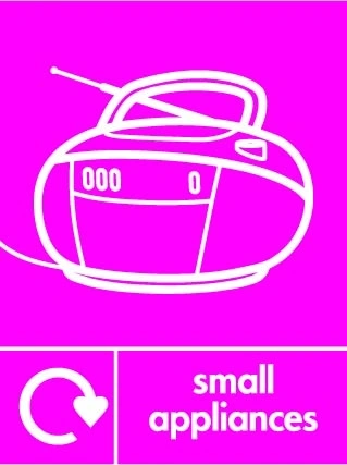 Small appliances sign showing white radio pictogram with recycling arrow beside wording on magenta background. Artwork ELEC0131.