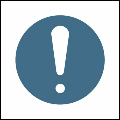 General mandatory action pictogram sign showing white exclamation pictogram in blue circle. Artwork MACH0049.