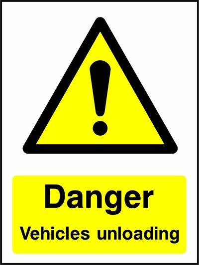 Danger — Vehicles unloading sign showing yellow exclamation warning pictogram above wording. Artwork GENE0077.