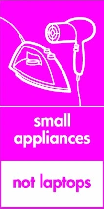 Small appliances — Not laptops sign showing white iron and hairdryer pictogram with exclusion footer on magenta background. Artwork ELEC0101.