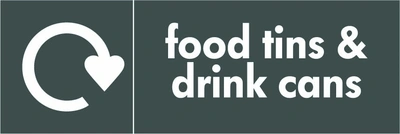 Food tins & drink cans recycling sign showing white recycling arrow and wording on a dark grey letterbox panel. Artwork META0004.