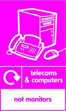 Telecoms & computers — Not monitors sign showing white computer and phone pictogram with exclusion footer and small recycling arrow beside wording on magenta background. Artwork ELEC0114.