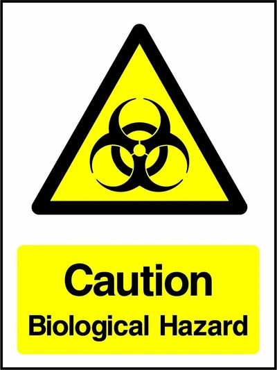 Caution — Biological hazard sign with yellow triangular biohazard pictogram above wording. Artwork CHEM0087.