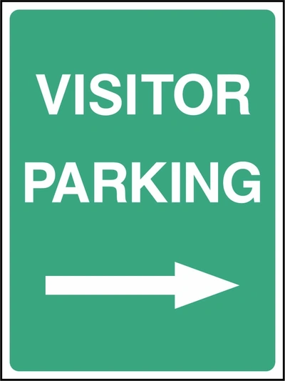 Visitor Parking — Right arrow sign. green background with white lettering. Supplied artwork PARK0033.