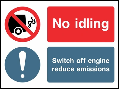 No idling — Switch off engine reduce emissions sign showing the supplied warning, instruction and information panels. Artwork GARA0024.