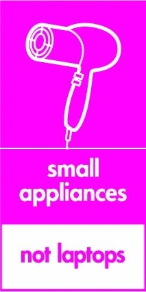 Small appliances — Not laptops sign showing white hairdryer pictogram with exclusion footer on magenta background. Artwork ELEC0100.