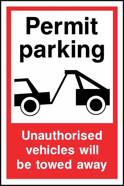 Permit parking — Unauthorised vehicles will be towed away sign. tow-truck pictogram with red-and-white wording. Supplied artwork PARK0079.