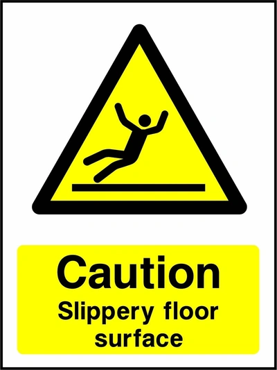 Caution — Slippery floor surface sign showing yellow slipping person warning pictogram above wording. Artwork GENE0063.