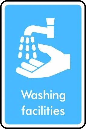Washing facilities printed sign. Blue information artwork INFO0014.