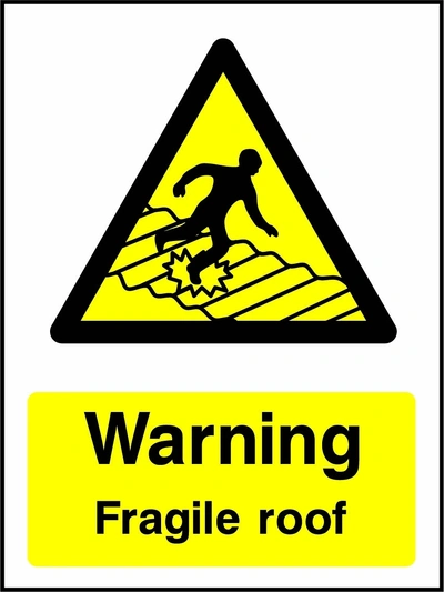 Warning — Fragile roof sign showing yellow fragile roof warning pictogram above wording. Artwork GENE0076.