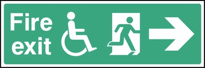 Fire exit sign showing right arrow with wheelchair and running person. Artwork EMER0067.
