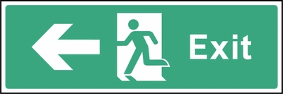 Green and white Exit sign with a left arrow and running-person escape symbol. Letterbox artwork EMER0011.