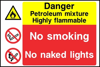 Danger — Petroleum mixture highly flammable — No smoking — No naked lights. Stacked message panels. Artwork MULT0034.