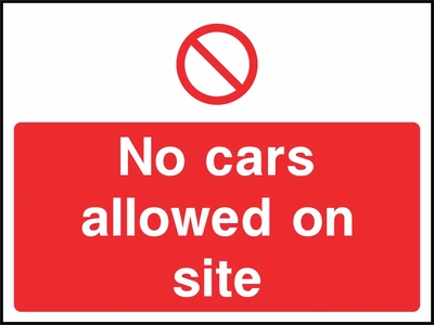 A red prohibition symbol above white lettering on a red panel with No cars allowed on site wording. CONS0083 artwork.