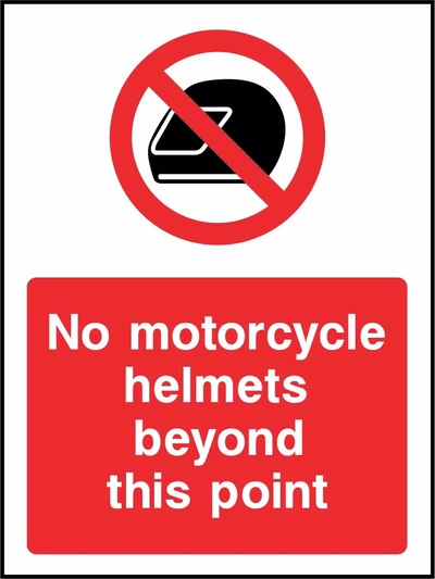 No motorcycle helmets beyond this point sign showing red motorcycle helmet prohibition symbol above wording. Artwork GENE0120.